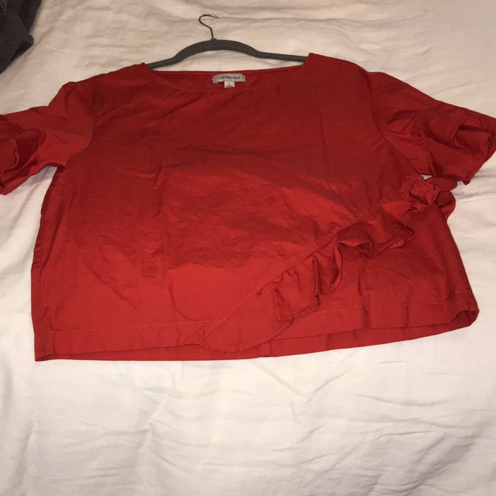 Calvin Klein red ruffle top